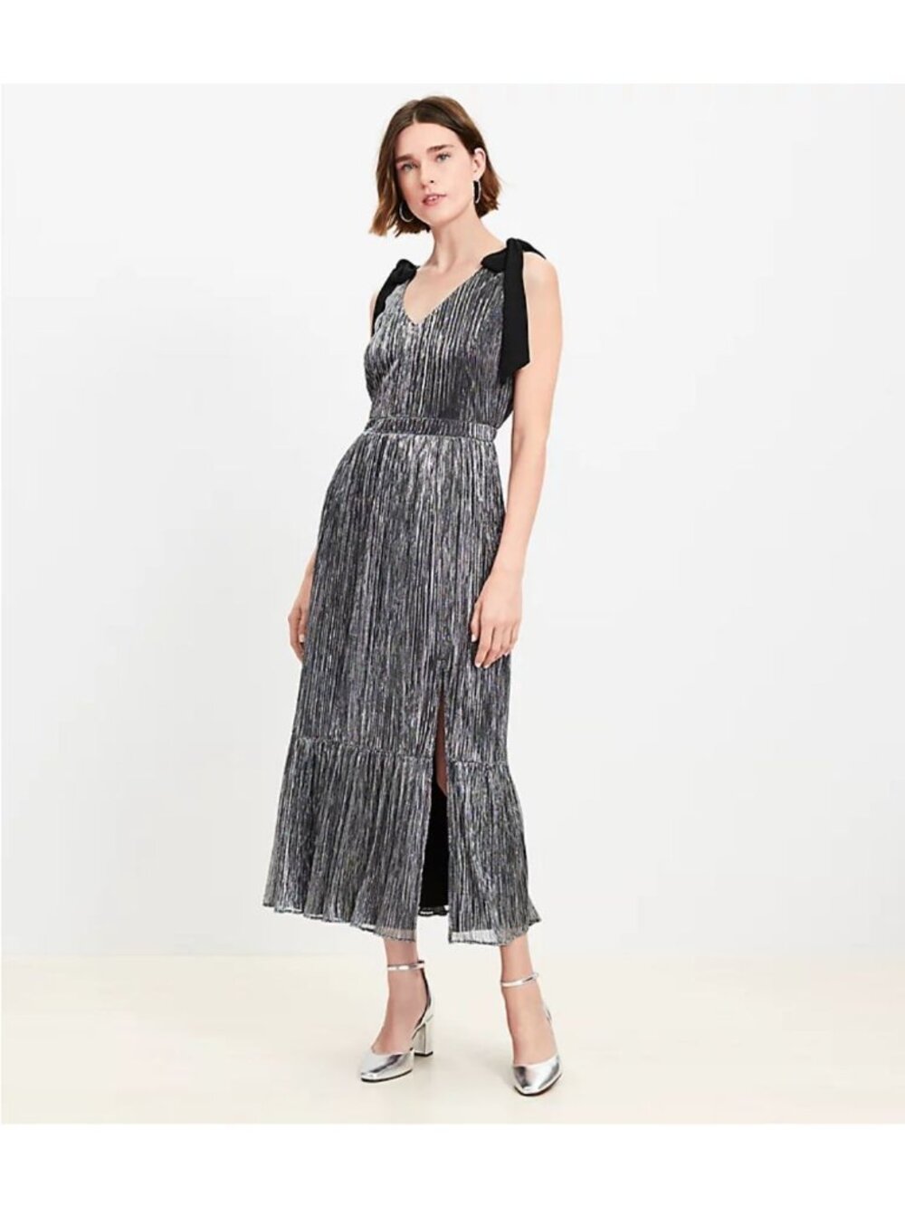 Loft Size 14 Petite Tie Strap Tiered Metallic Silver Maxi Dress Sleeveless NEW